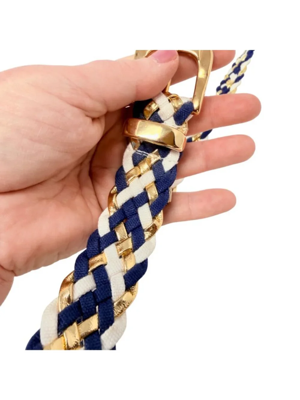Vintage Nautical Woven Belt Blue White Gold‎ Hardware Stretch Womens 1980s